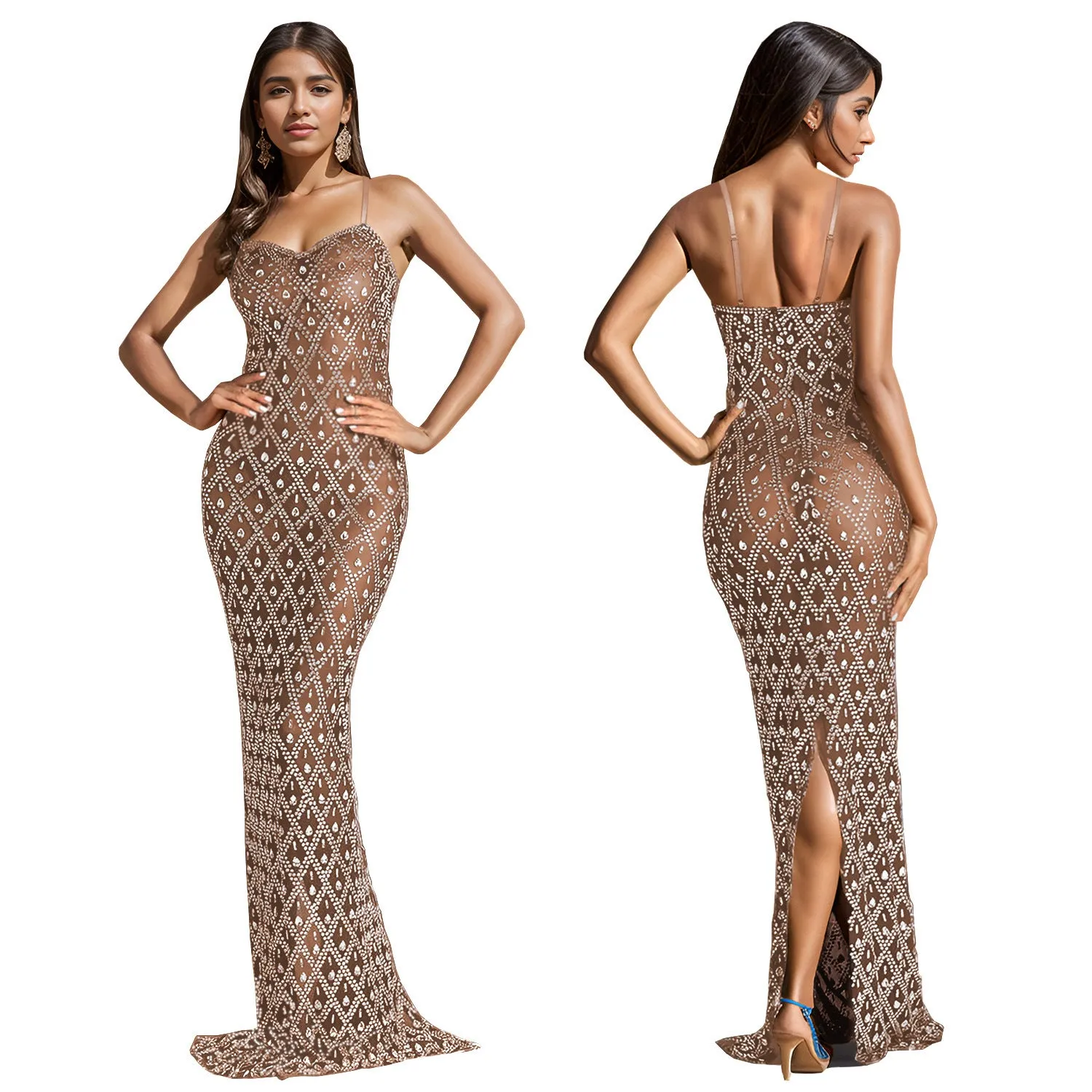 Glamorous Beaded Mesh Bodycon Evening Gown with Spaghetti Straps
