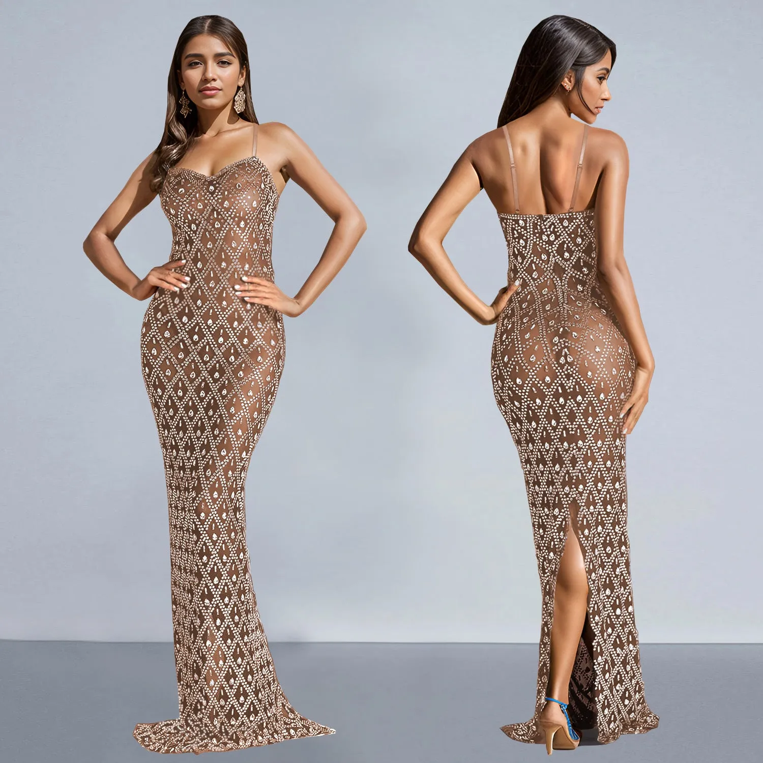 Glamorous Beaded Mesh Bodycon Evening Gown with Spaghetti Straps