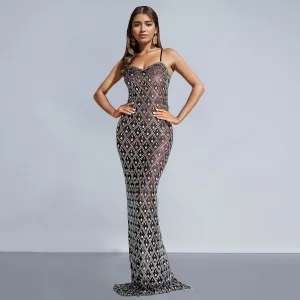 Glamorous Beaded Mesh Bodycon Evening Gown with Spaghetti Straps