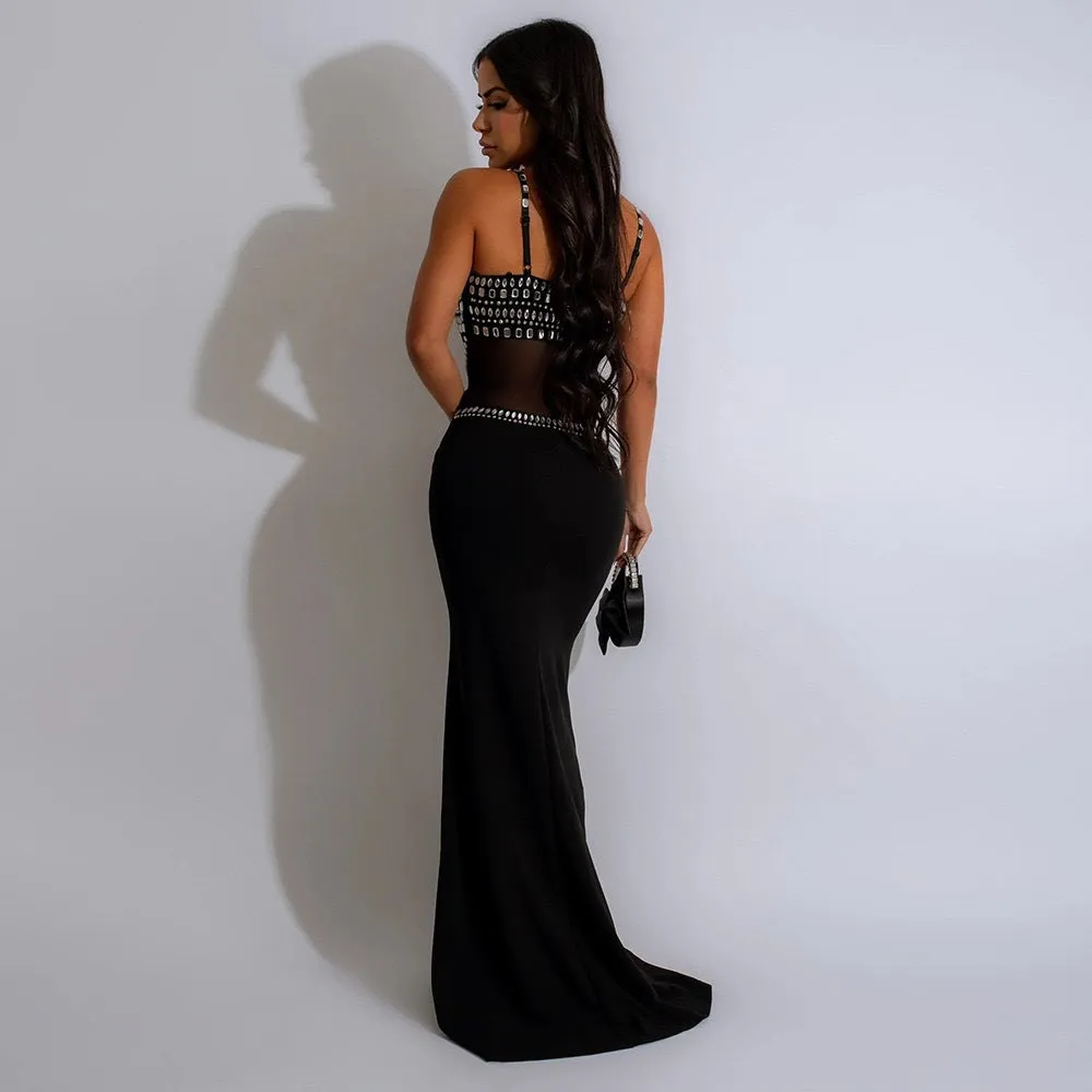 Glamorous Beaded Mesh Cutout Evening Gown for Luxe Elegance
