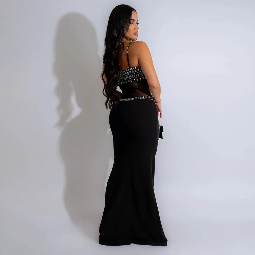 Glamorous Beaded Mesh Cutout Evening Gown for Luxe Elegance