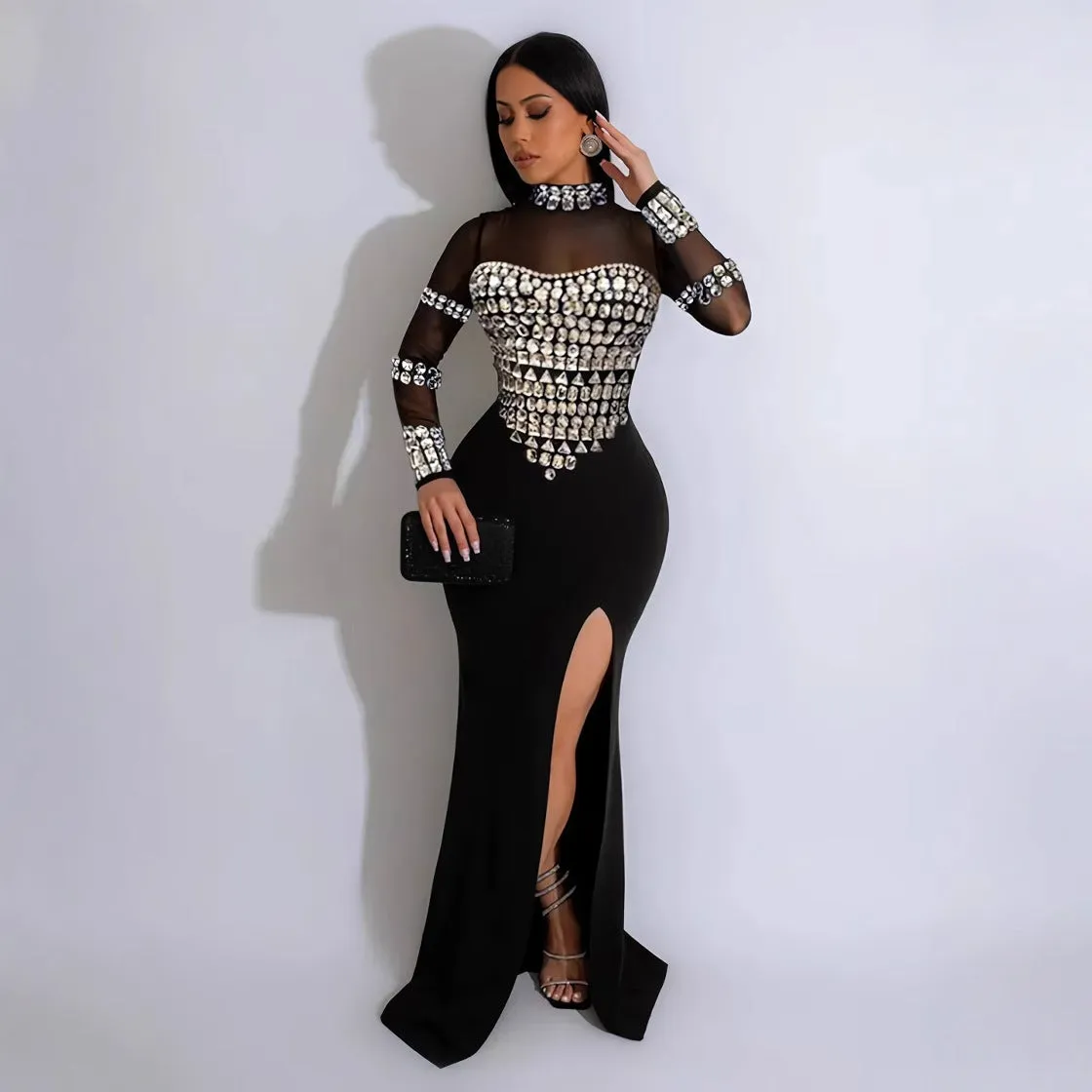 Glamorous Beaded Sheer Panel High-Slit Evening Gown for Red Carpet Elegance