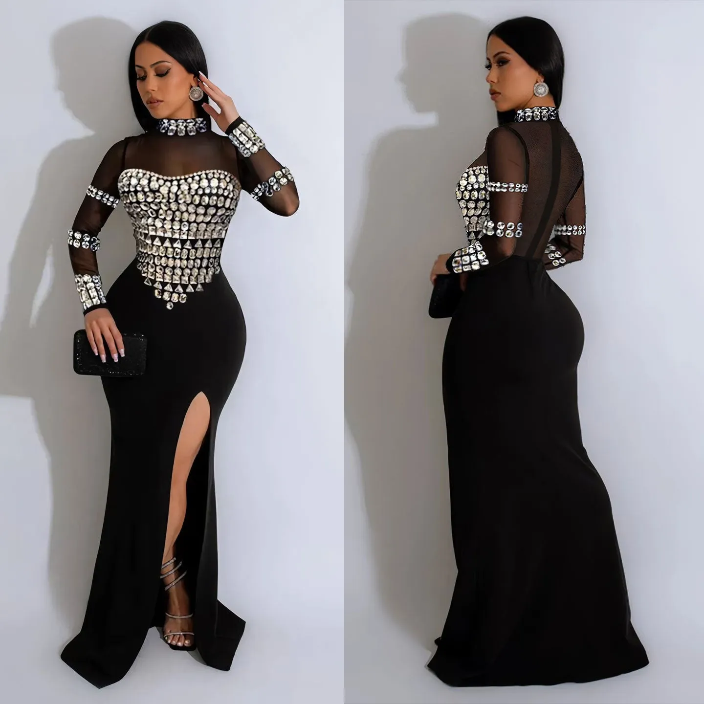 Glamorous Beaded Sheer Panel High-Slit Evening Gown for Red Carpet Elegance