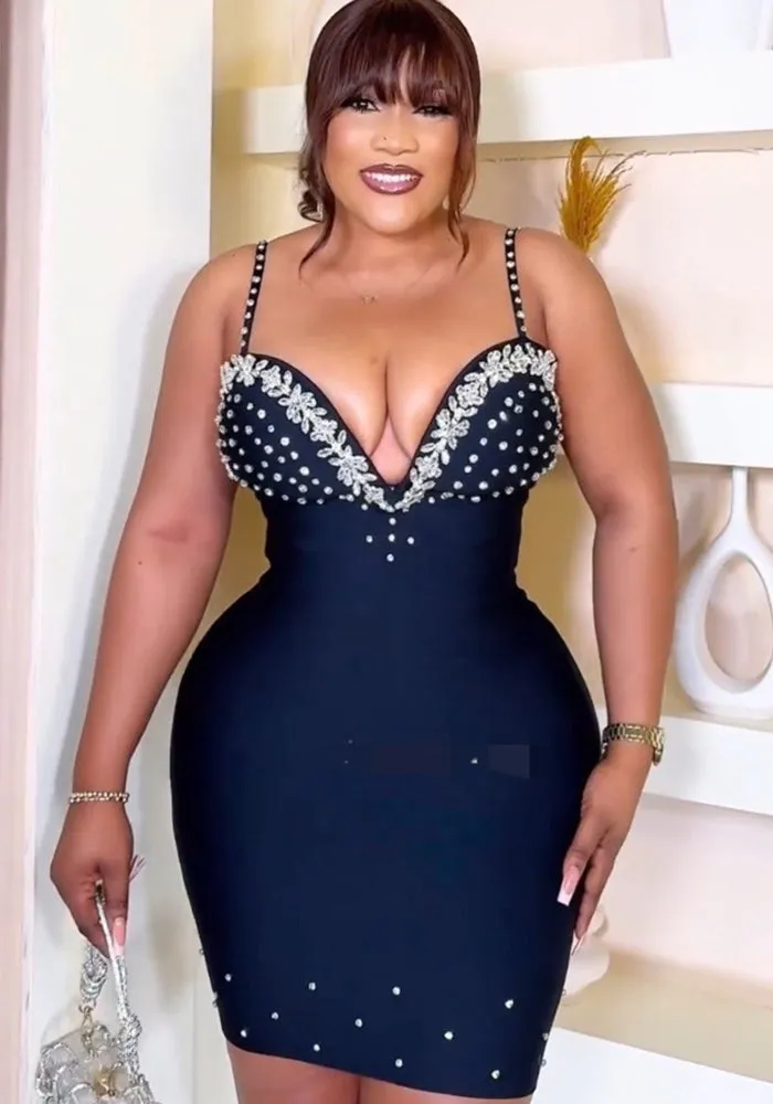 Glamorous V-Neck Beaded Diamond Backless Suspender Bodycon Dress for Dazzling Nights