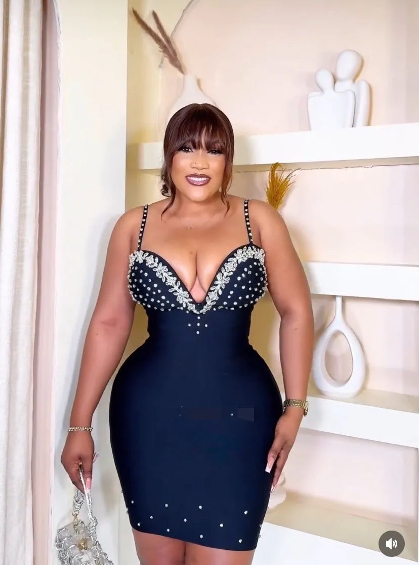 Glamorous V-Neck Beaded Diamond Backless Suspender Bodycon Dress for Dazzling Nights