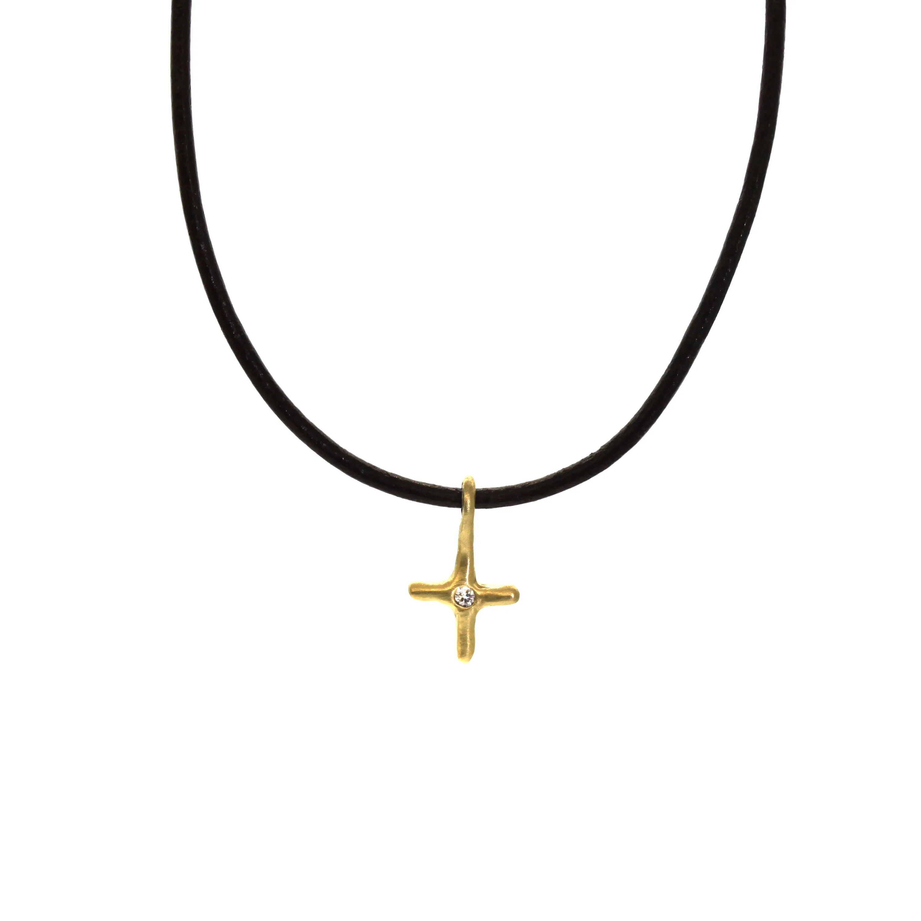 Gold & Diamond Cross Black Leather Necklace