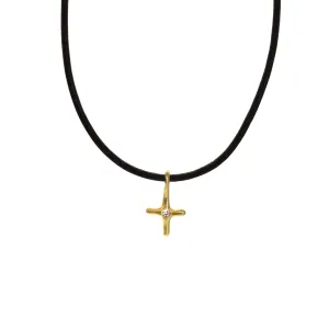 Gold & Diamond Cross Black Leather Necklace