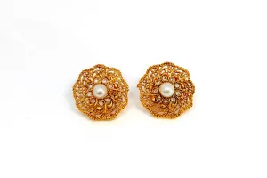 Gold Beaded Stud Earrings With Pearl Center