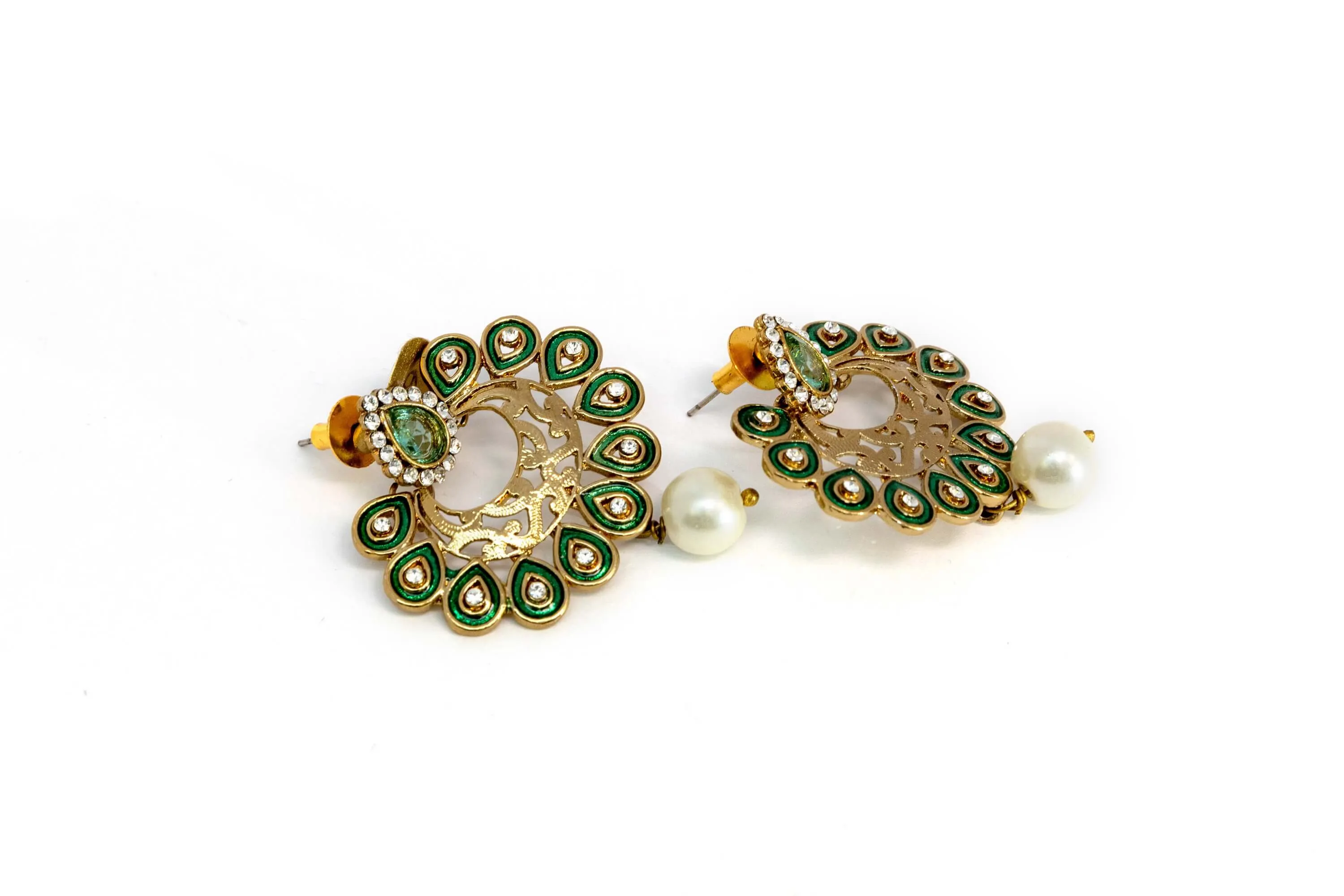 Gold Dangle Earrings With Green Accents