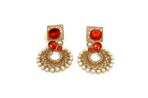 Gold Dangle Earrings With Red Stones