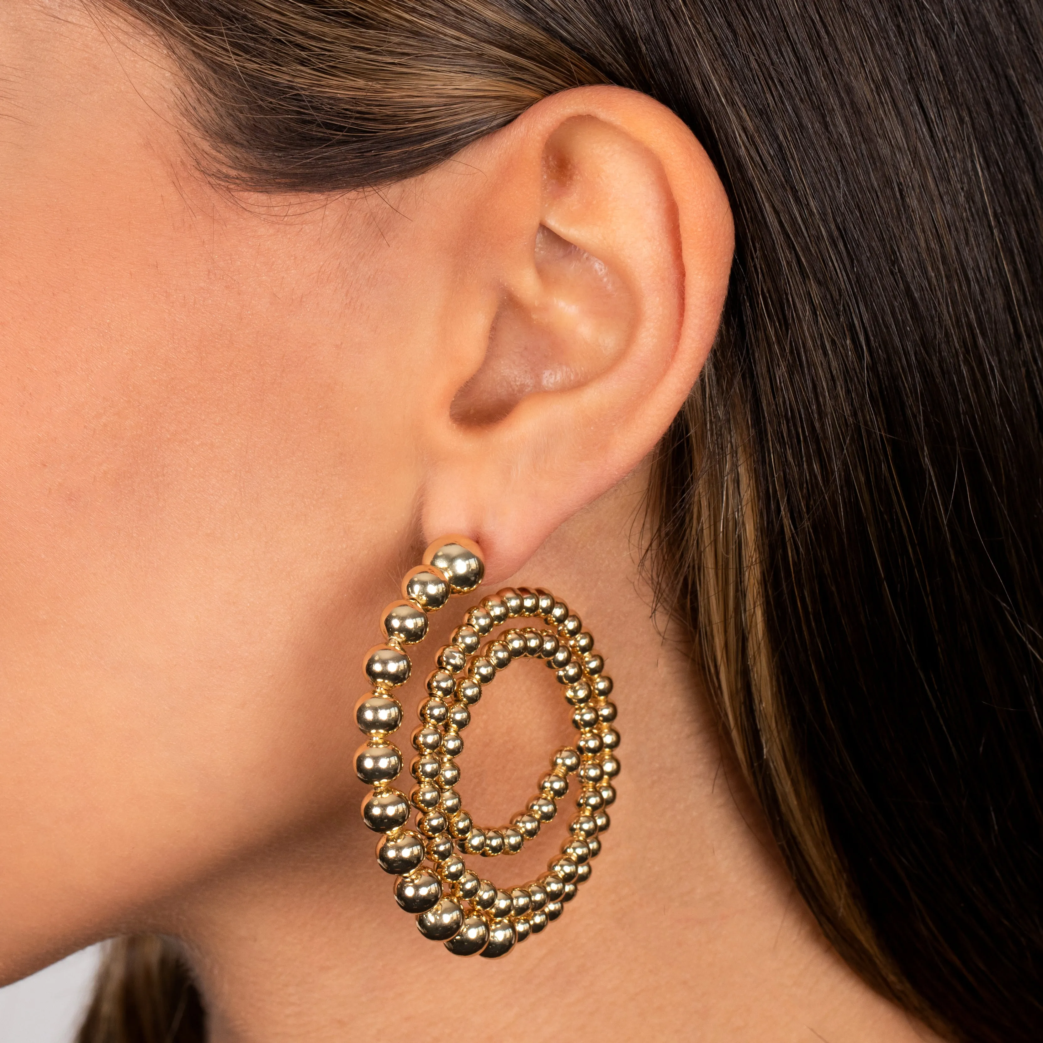 Gold Filled Solid Multi Beaded Ball Looped Stud Earring