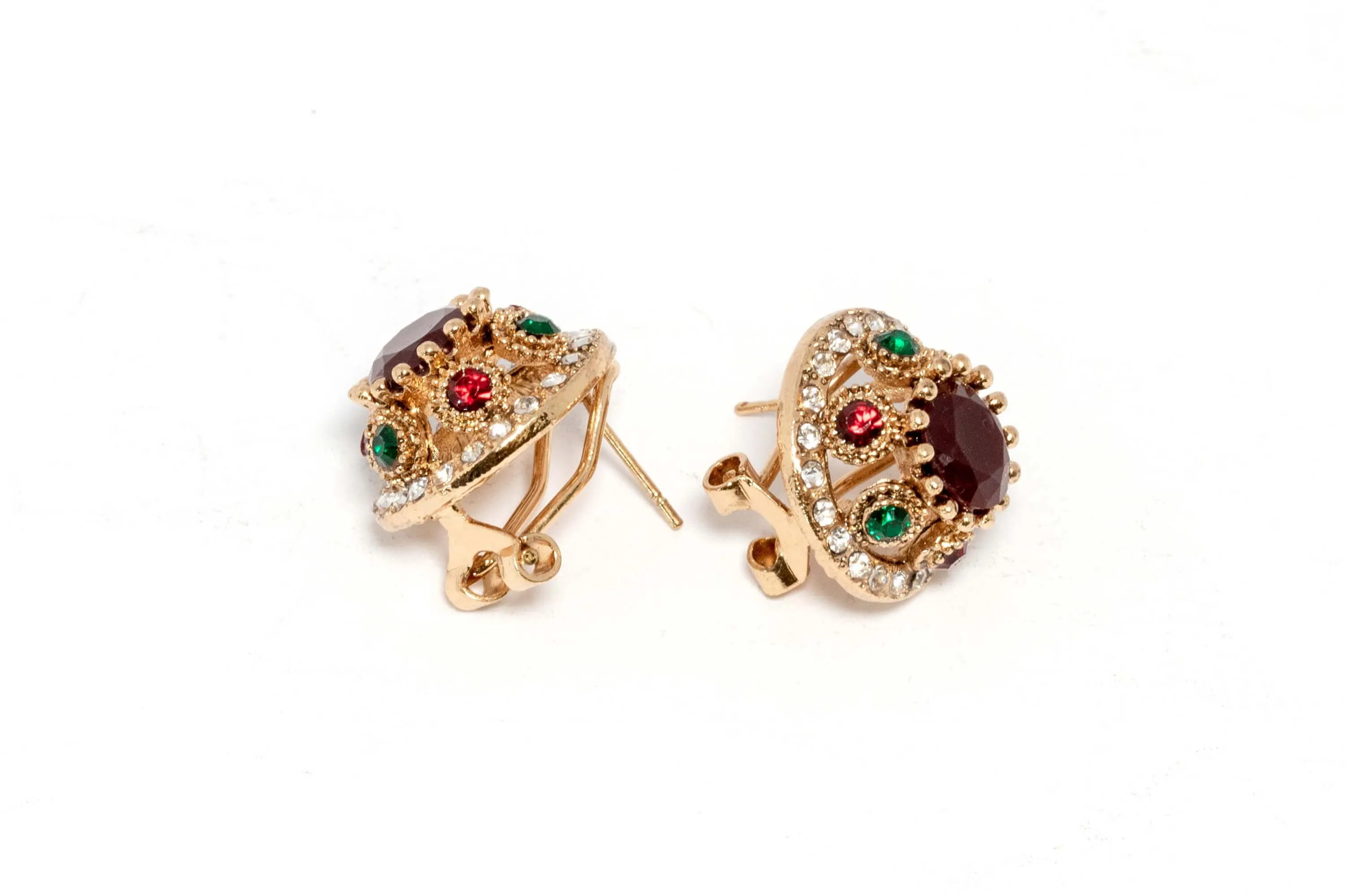 Gold Shield Stud Earrings With Precious Stones