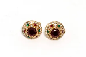 Gold Shield Stud Earrings With Precious Stones
