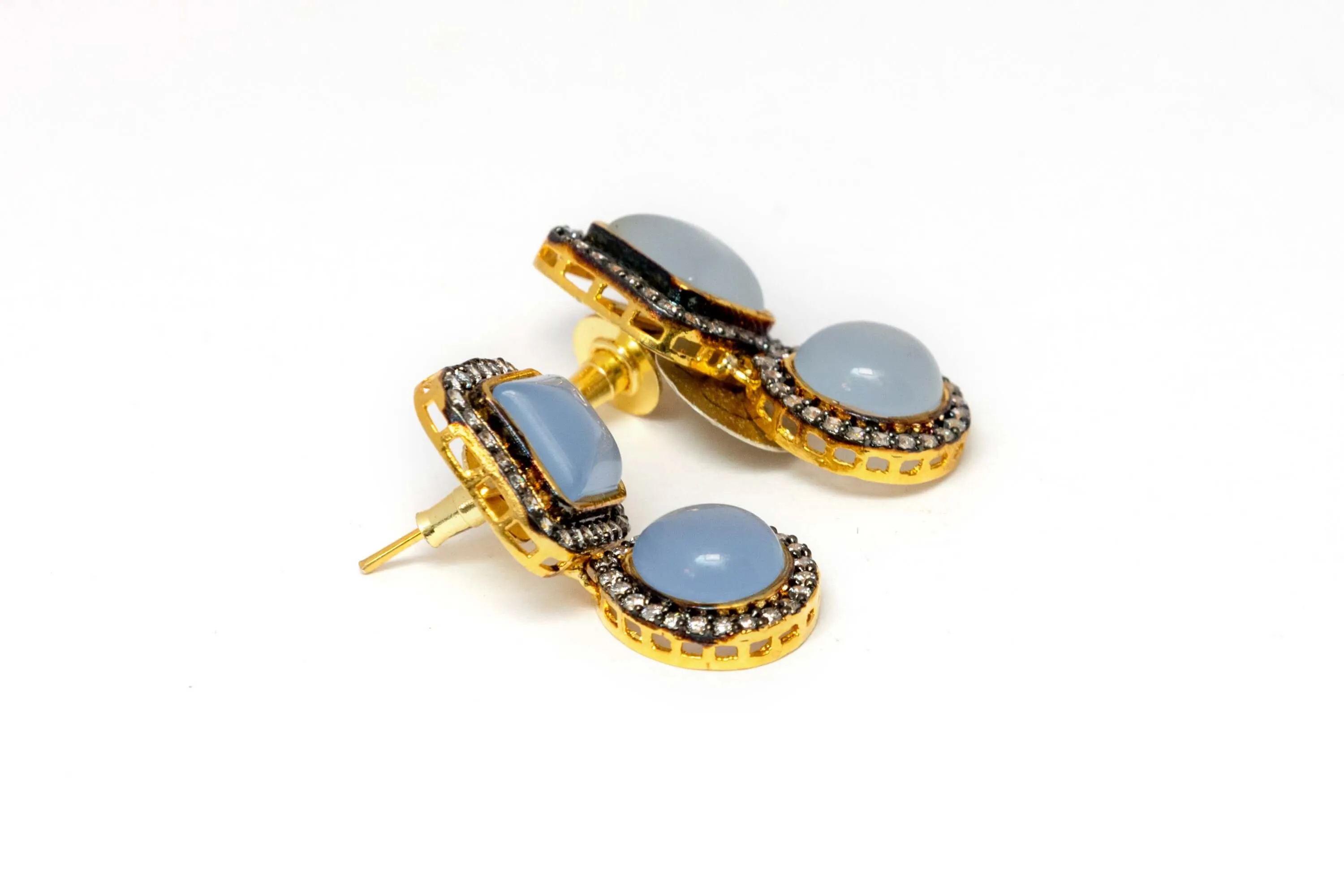 Golden Dangle Earrings with Precious Blue Stones