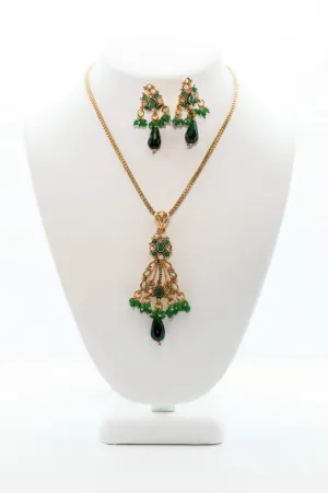 Golden Necklace and Earring Set with Green Stones