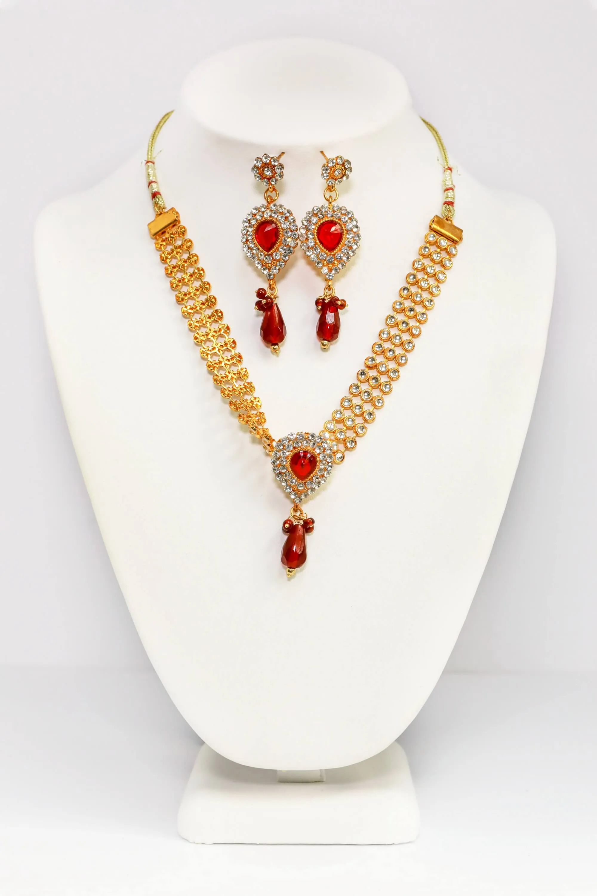Golden Necklace and Earring Set With Red Stones