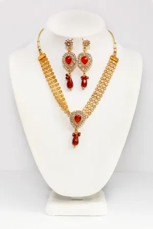 Golden Necklace and Earring Set With Red Stones