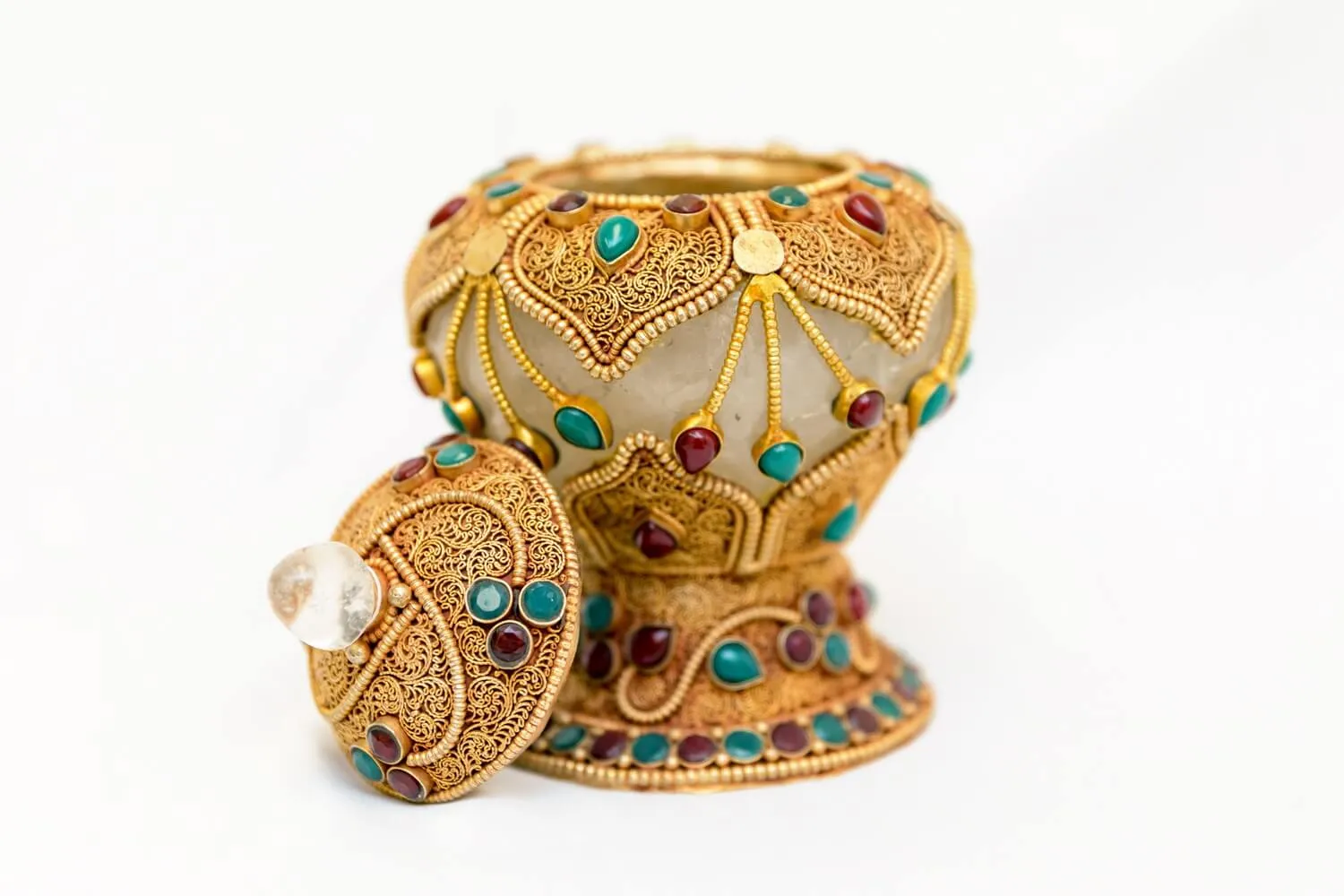 Golden Vase-Jar With Gemstone Glass & Brass