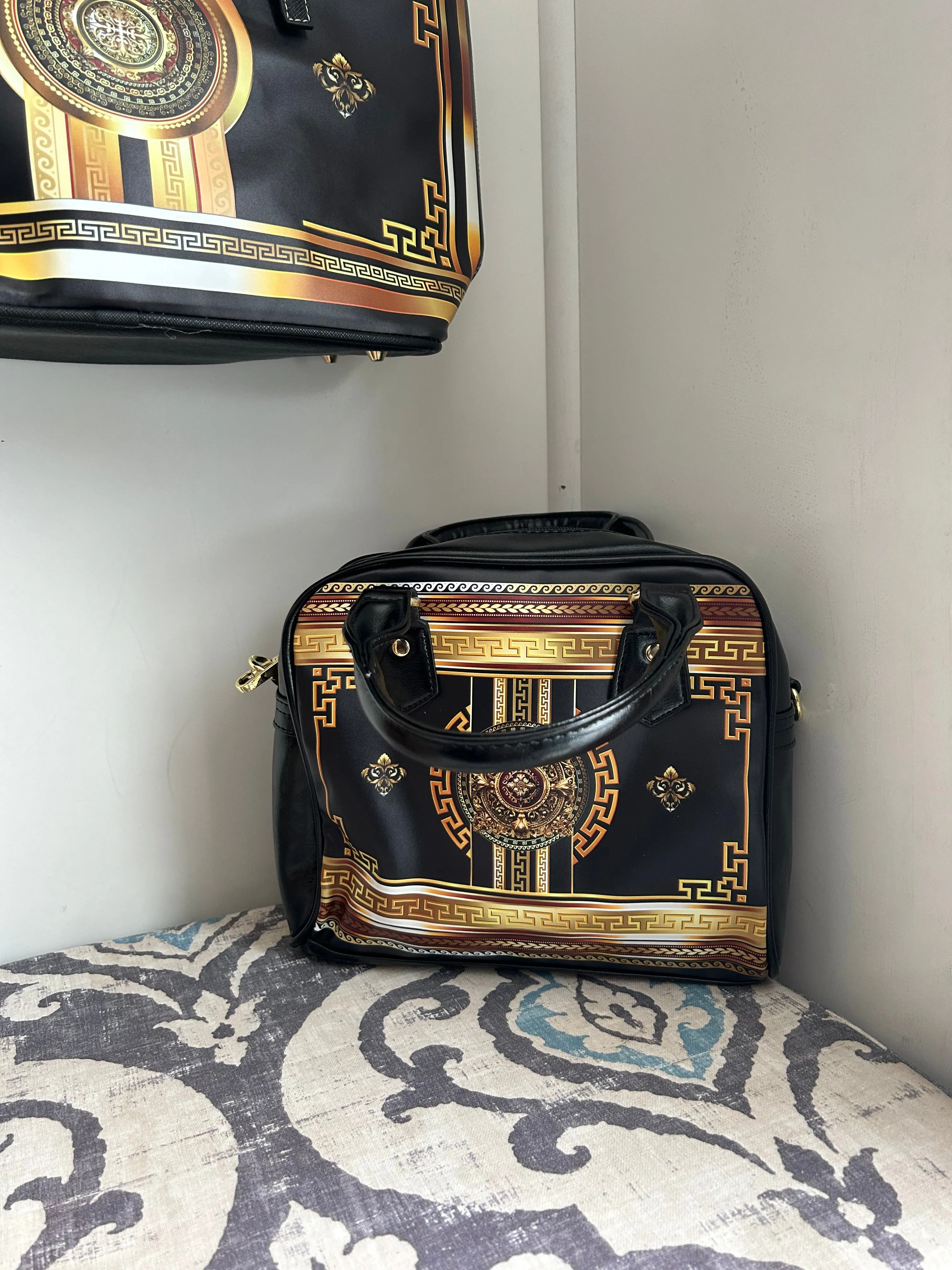 Greek Keys Gold Black Shoulder Handbag