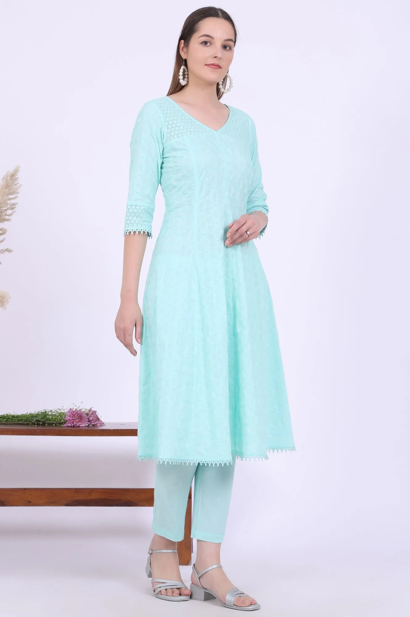 Green Embroidered Pure Cotton Anarkali with Trousers & Dupatta Set