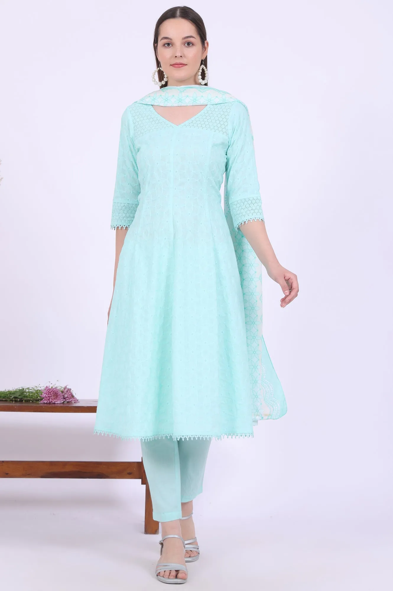Green Embroidered Pure Cotton Anarkali with Trousers & Dupatta Set