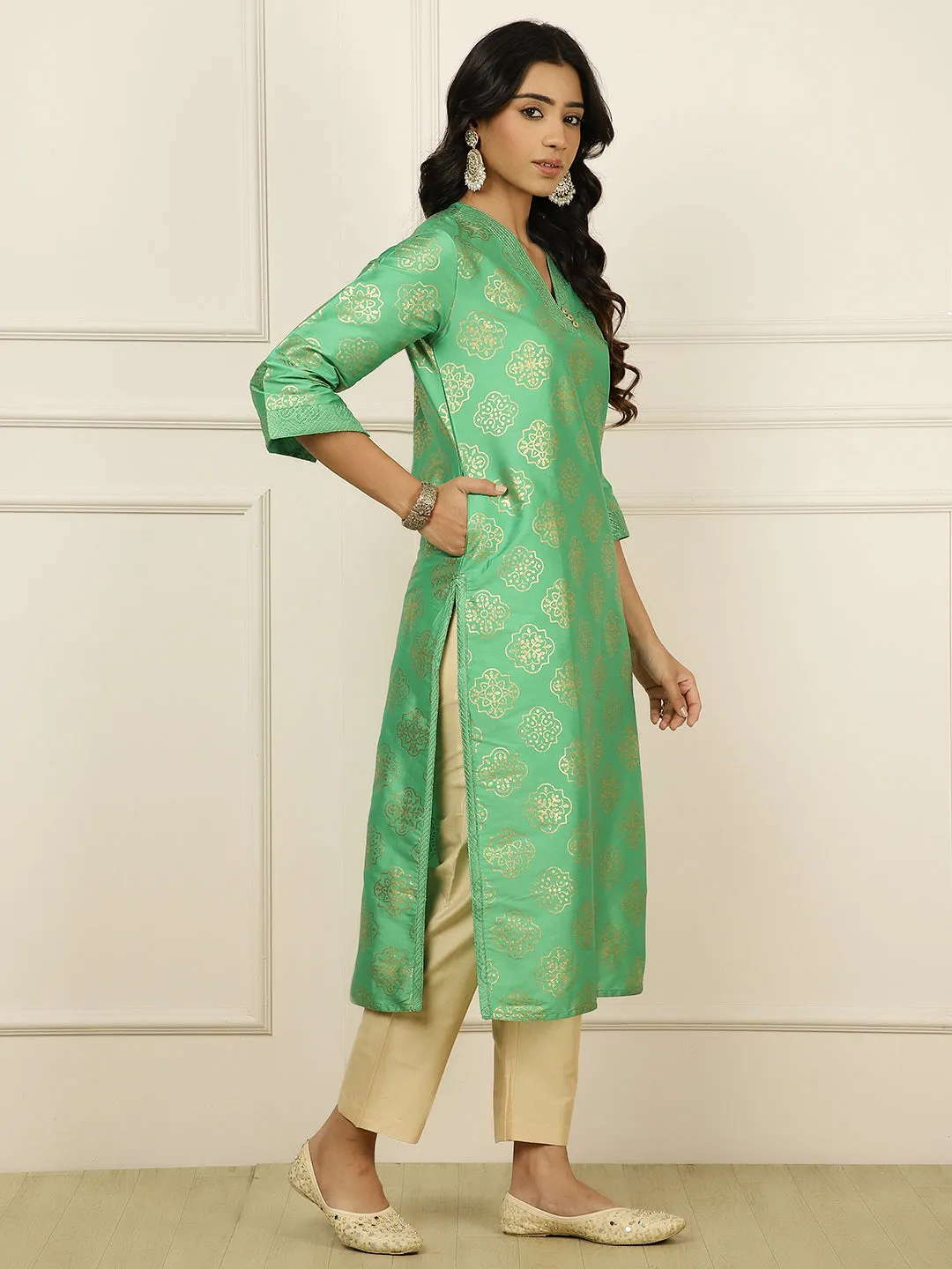 Green Ethnic Printed Straight Kurta