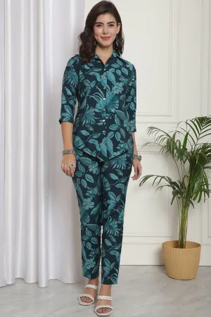 Green Floral Printed Chanderi Silk Co-Ord Set for Women | S-XXL | Claura