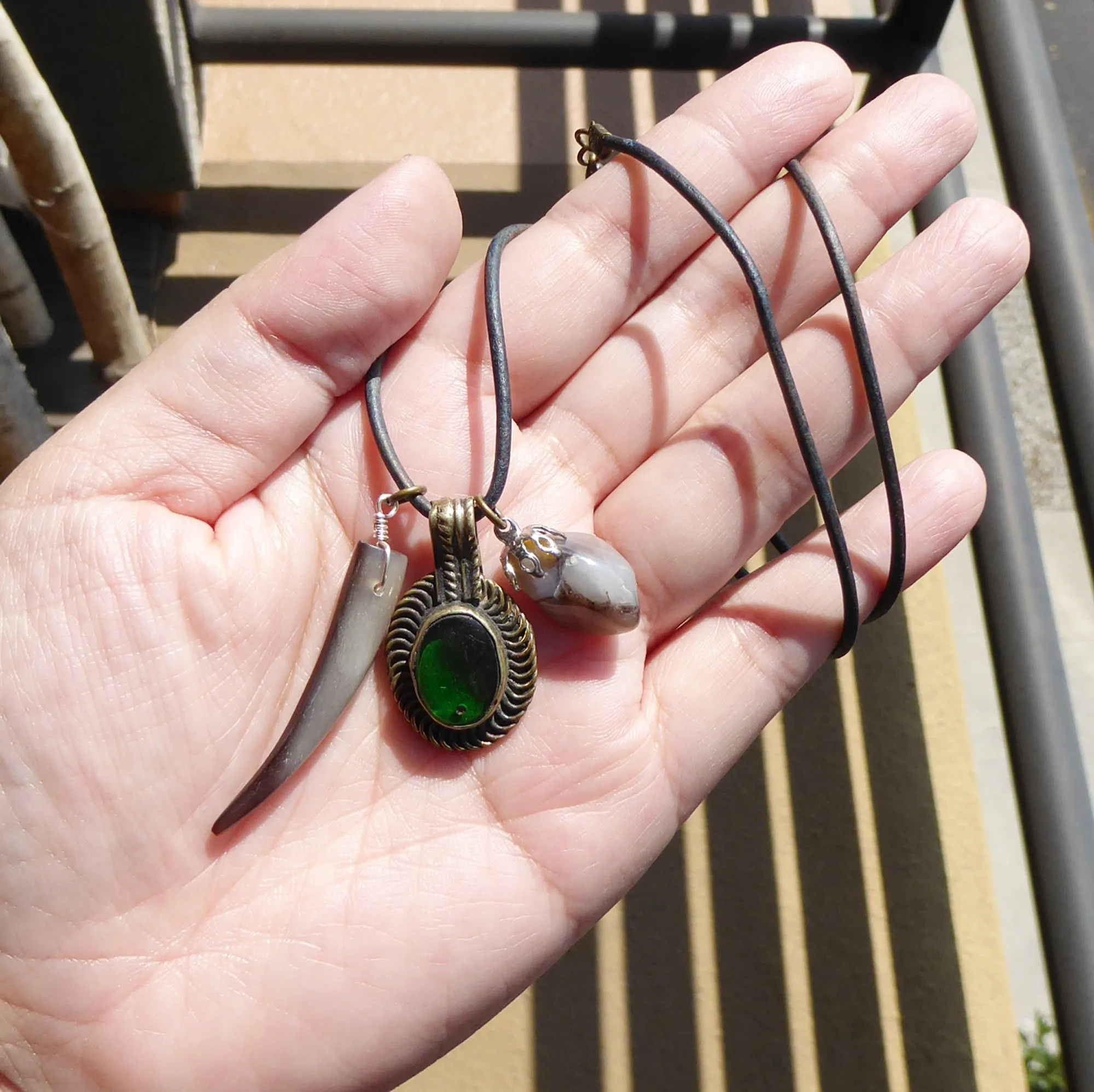 Green glass coin necklace