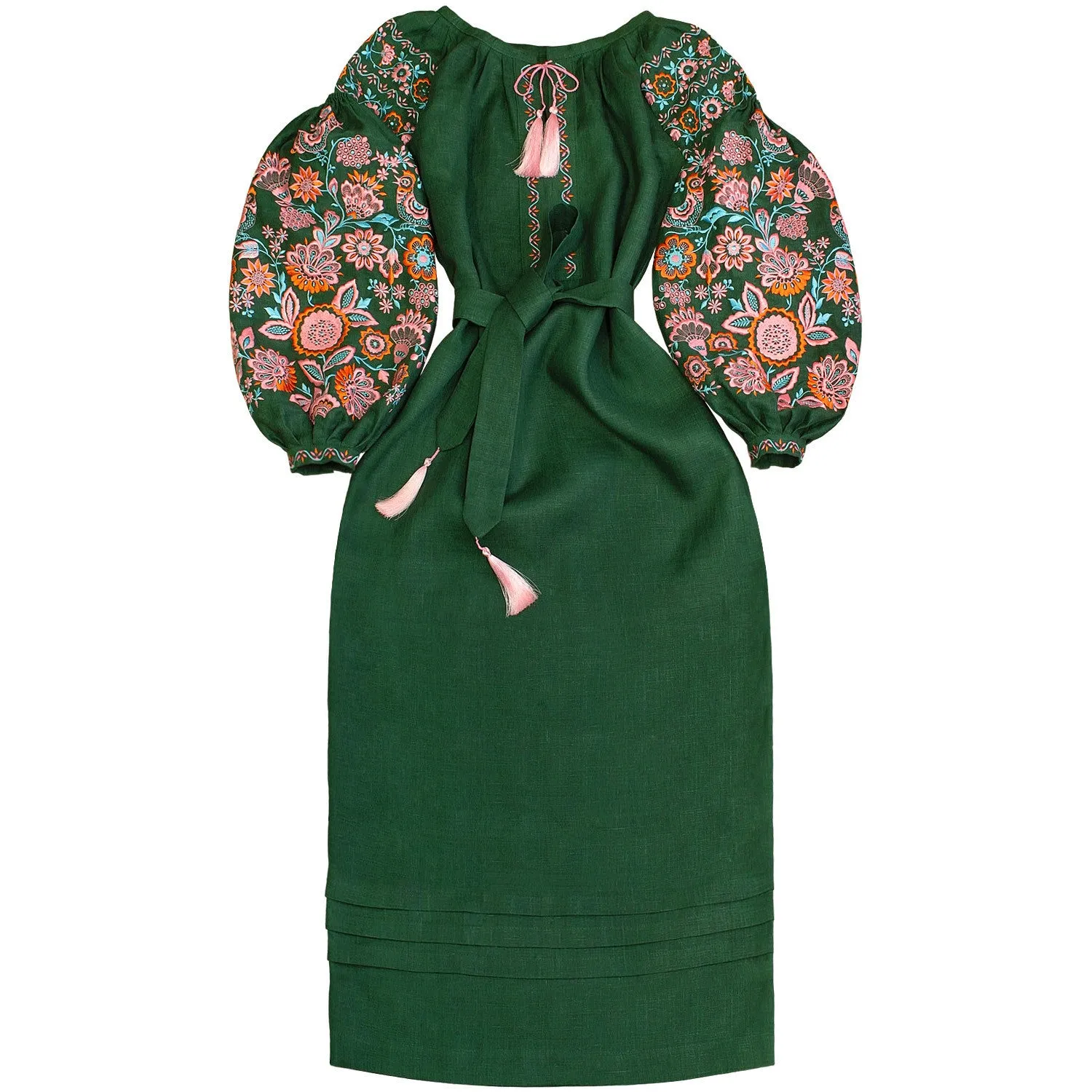Green long Kaftan with embroidery in Bohemian style