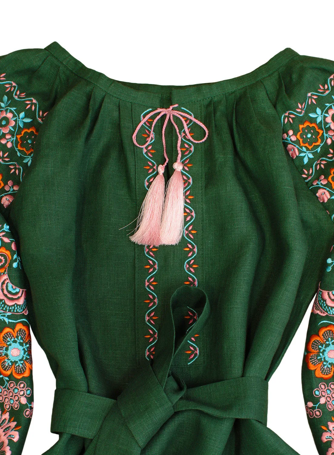 Green long Kaftan with embroidery in Bohemian style