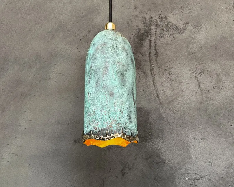 Green Patina Farmhouse Light Fixture – Handcrafted Copper Island Kitchen Lighting