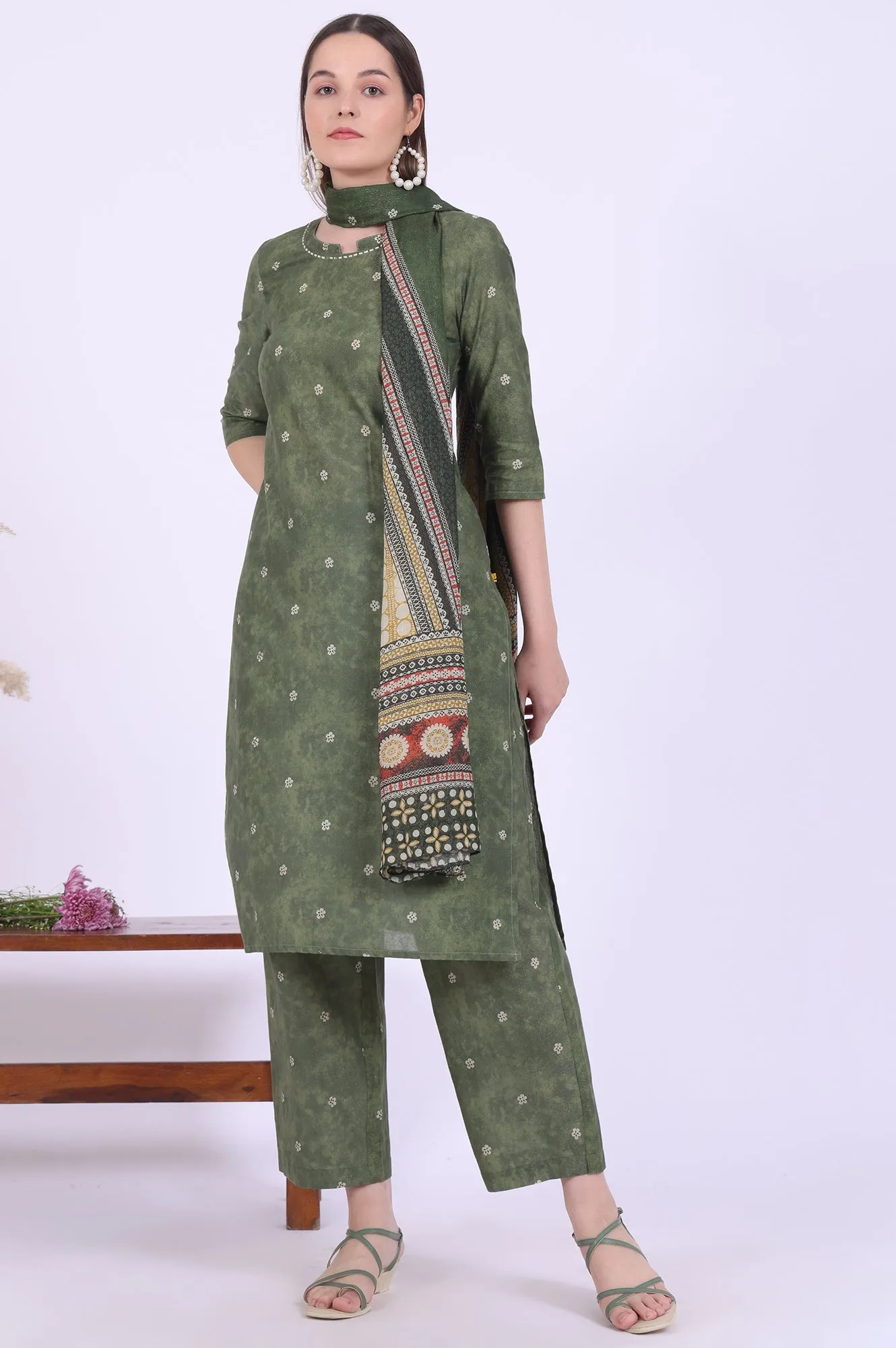 Green Printed Cotton Blend Straight Kurta with Palazzos & Dupatta Set
