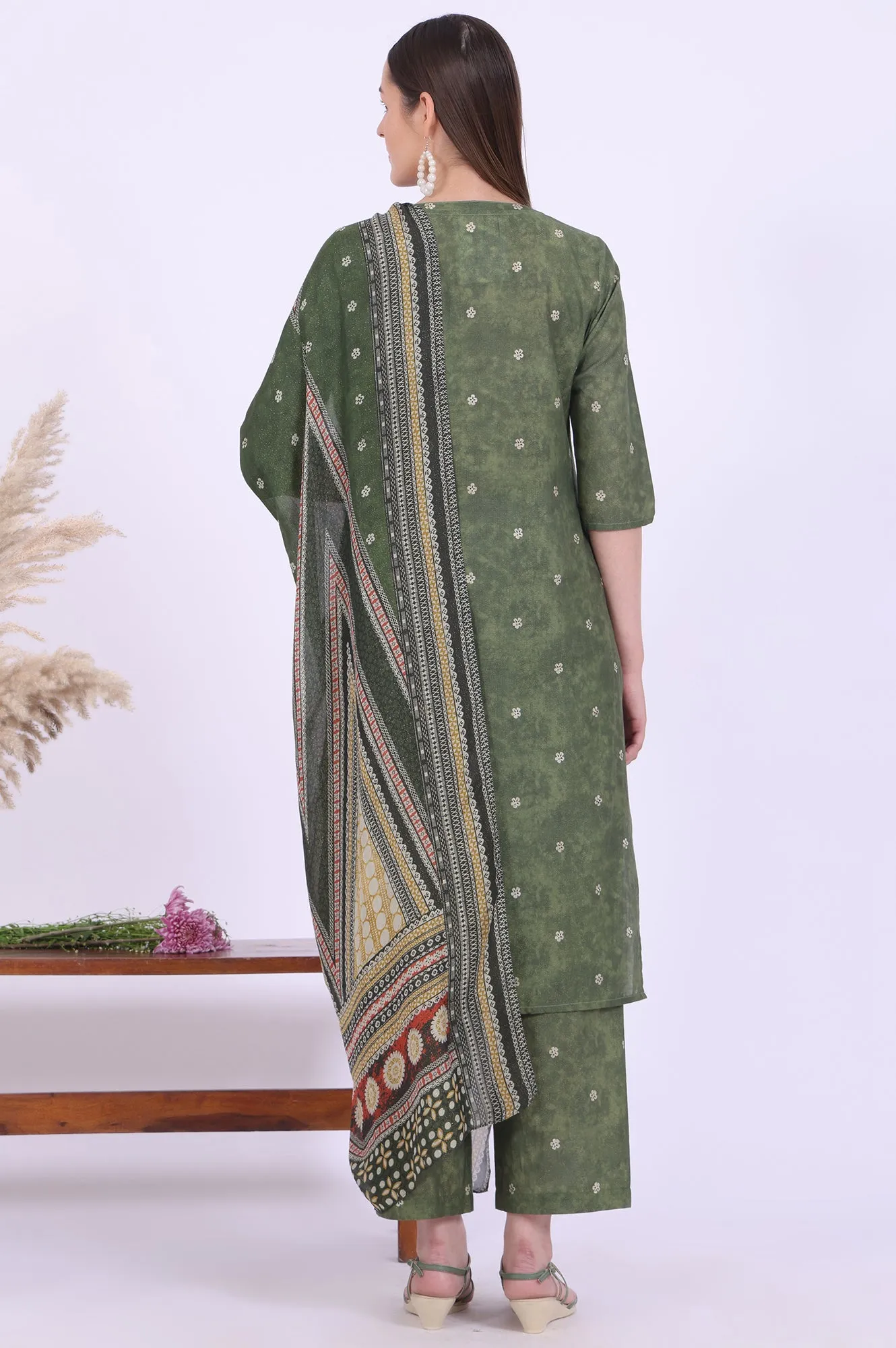 Green Printed Cotton Blend Straight Kurta with Palazzos & Dupatta Set