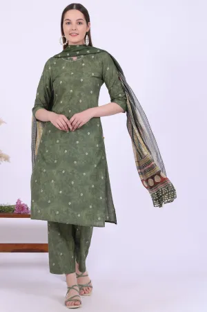 Green Printed Cotton Blend Straight Kurta with Palazzos & Dupatta Set
