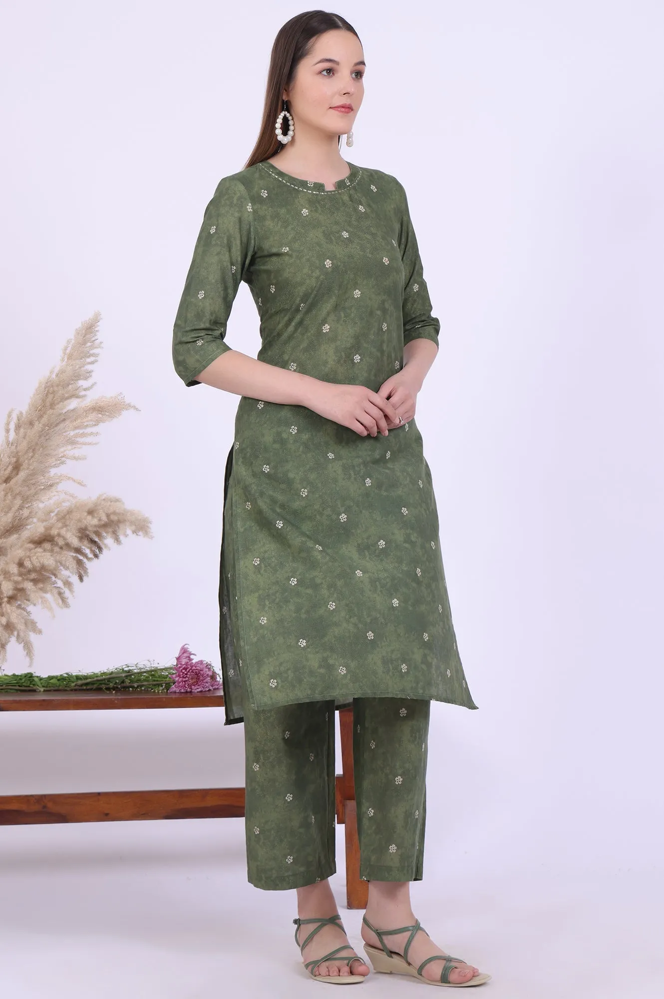 Green Printed Cotton Blend Straight Kurta with Palazzos & Dupatta Set