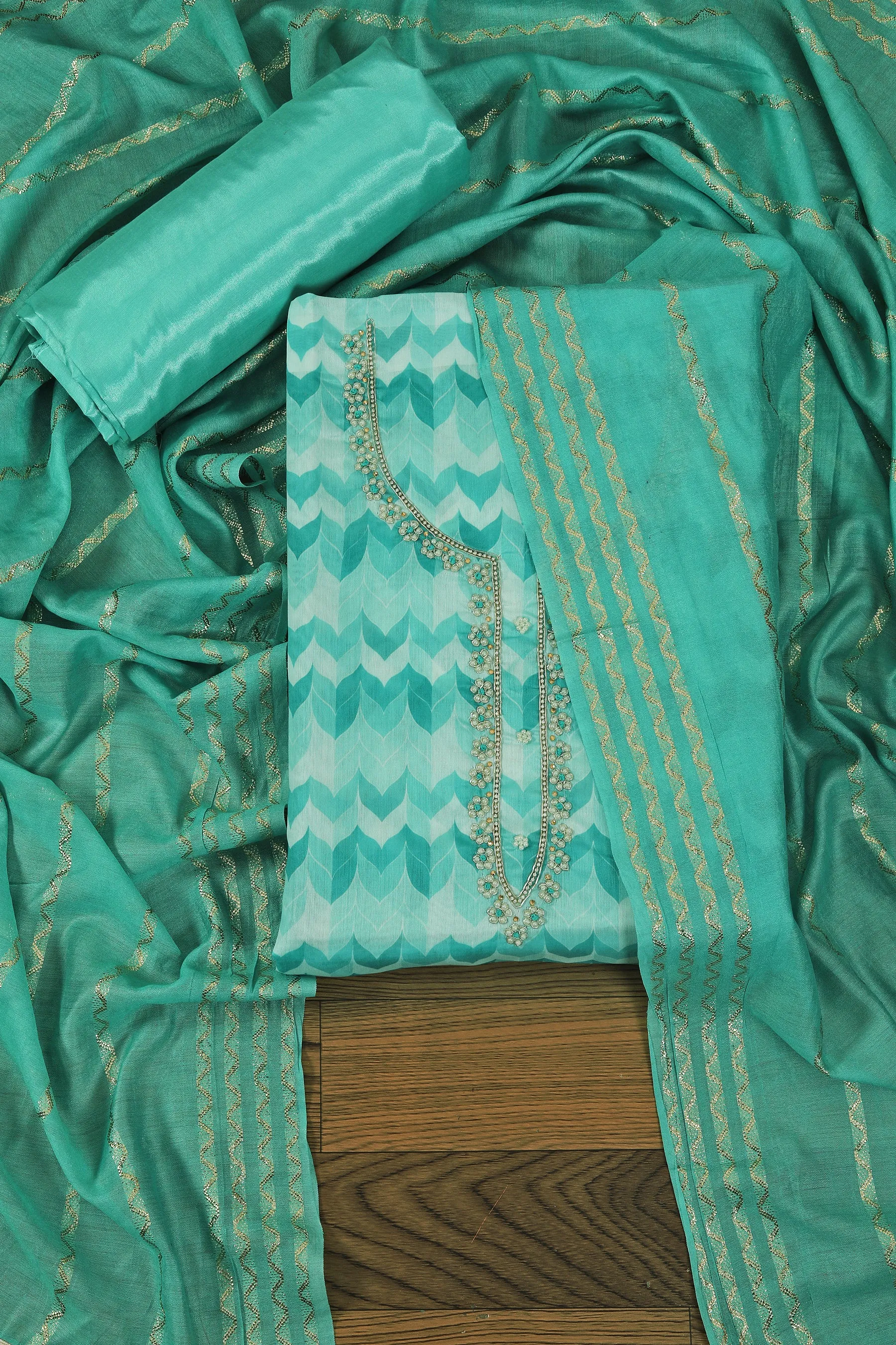 Green Unstitched Floral Printed Beads and Stones Dress Material With Dupatta