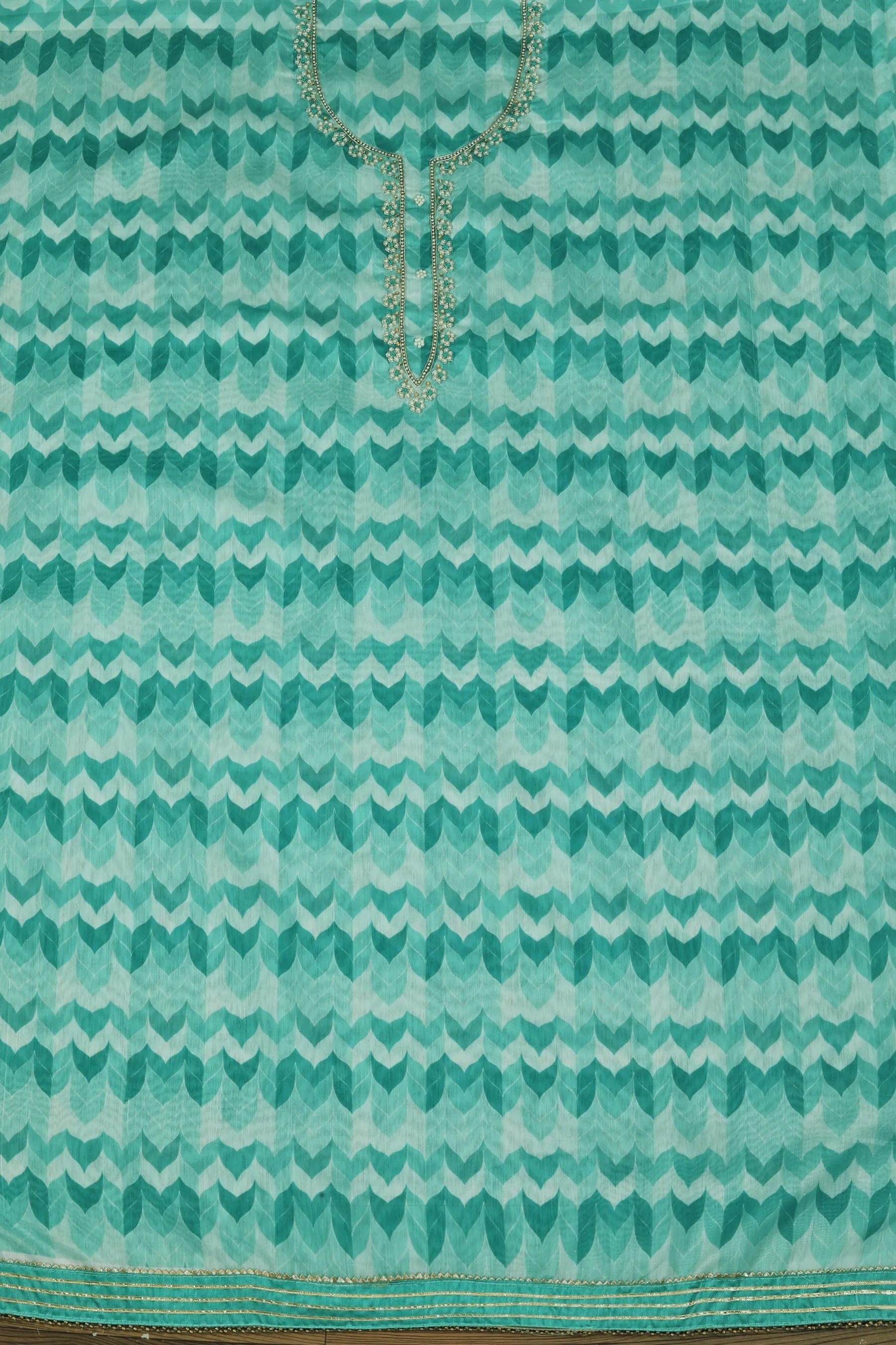 Green Unstitched Floral Printed Beads and Stones Dress Material With Dupatta