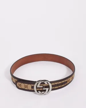 Gucci Brown Leather Trim Monogram GG Canvas Interlocking G Belt - 80/32