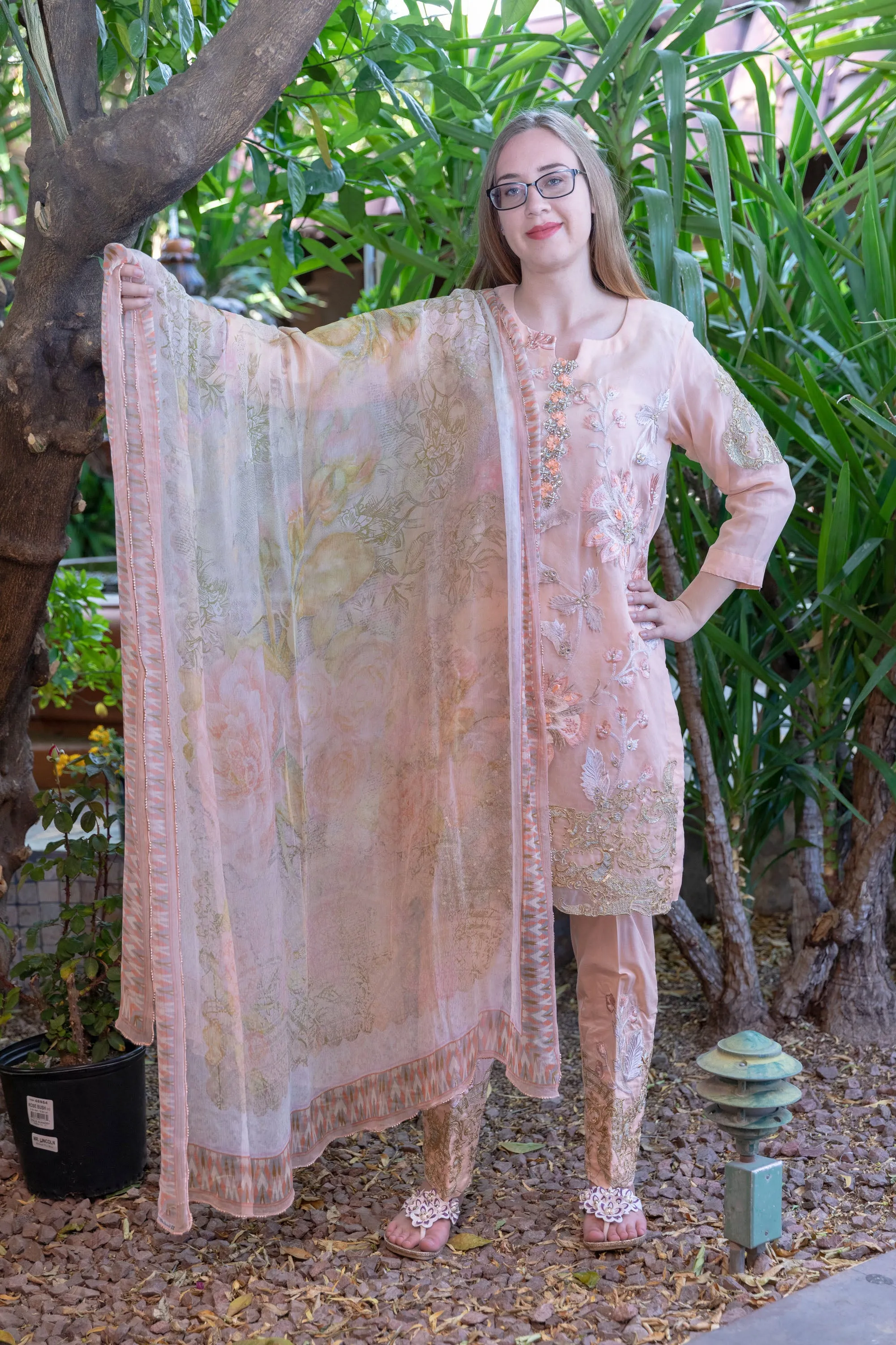 Gulahmed Peach Suit with Organza Shirt