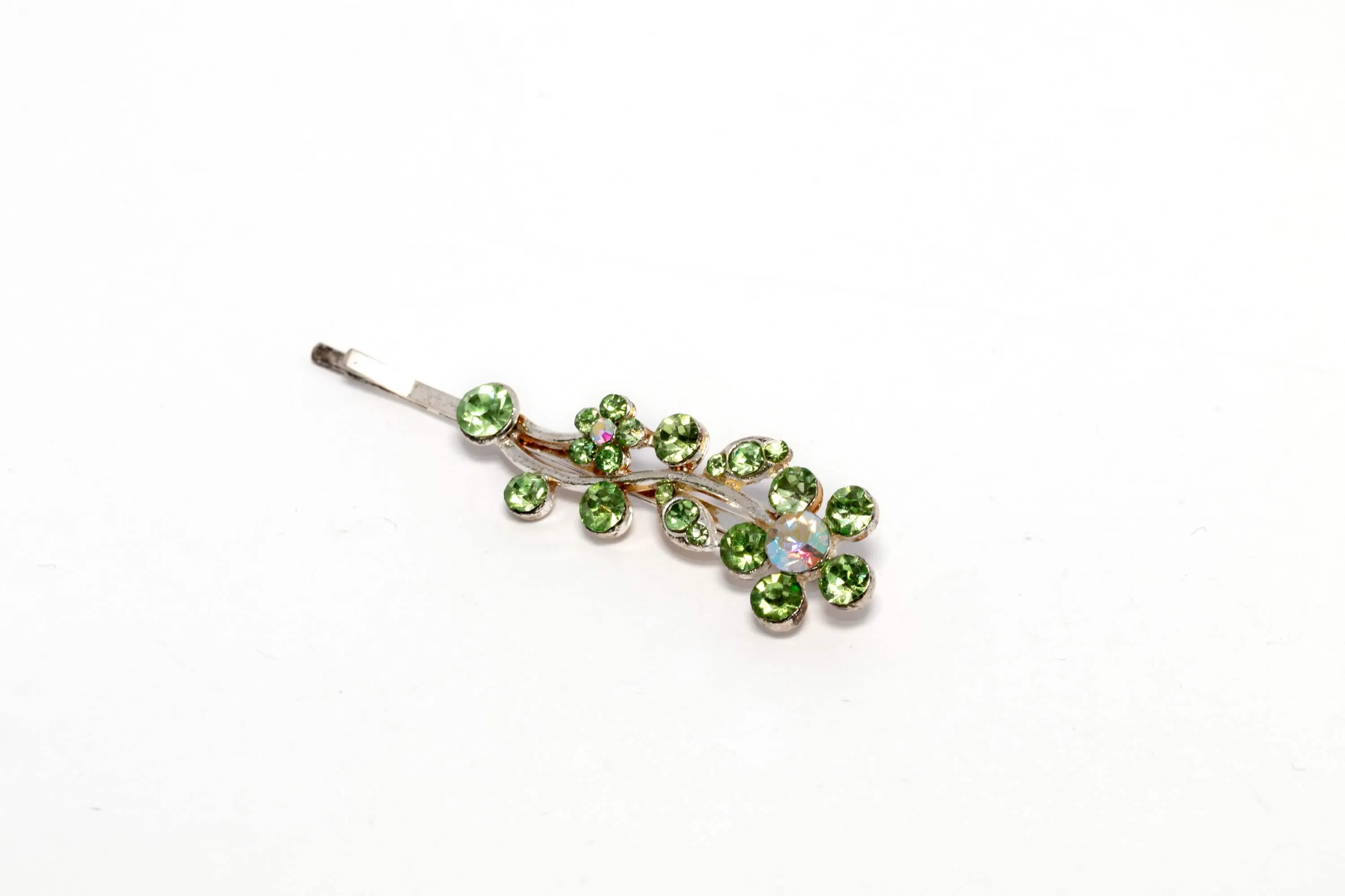 Hair Pin with Green Flower and Leaf Rhinestones