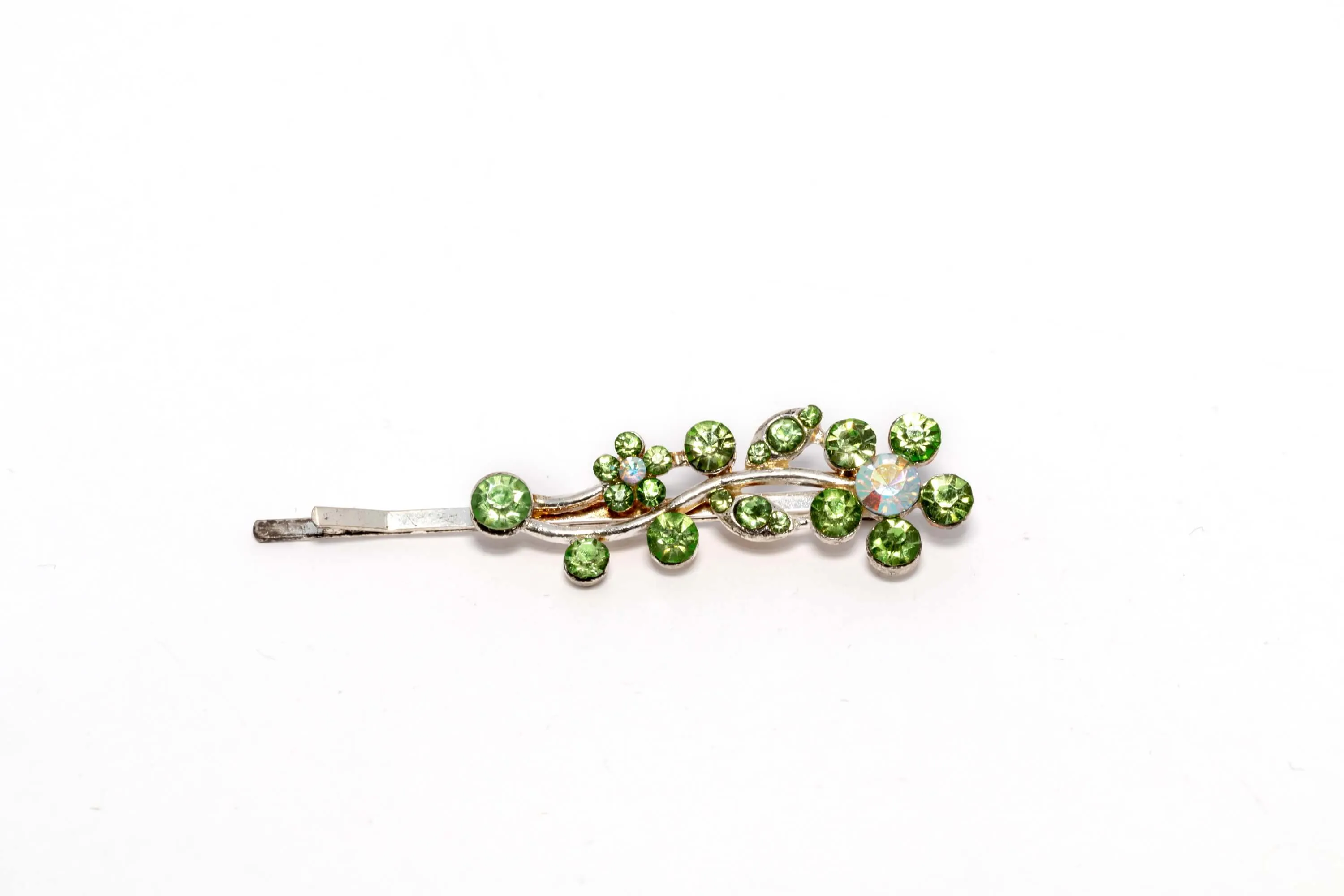Hair Pin with Green Flower and Leaf Rhinestones