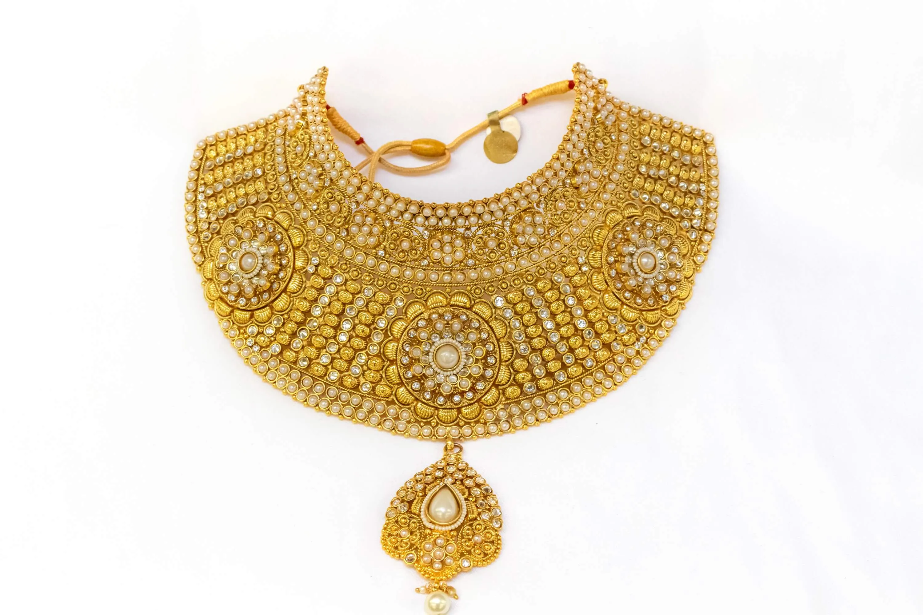 Hand Made Carved Brass Choker- Necklace With Pearls