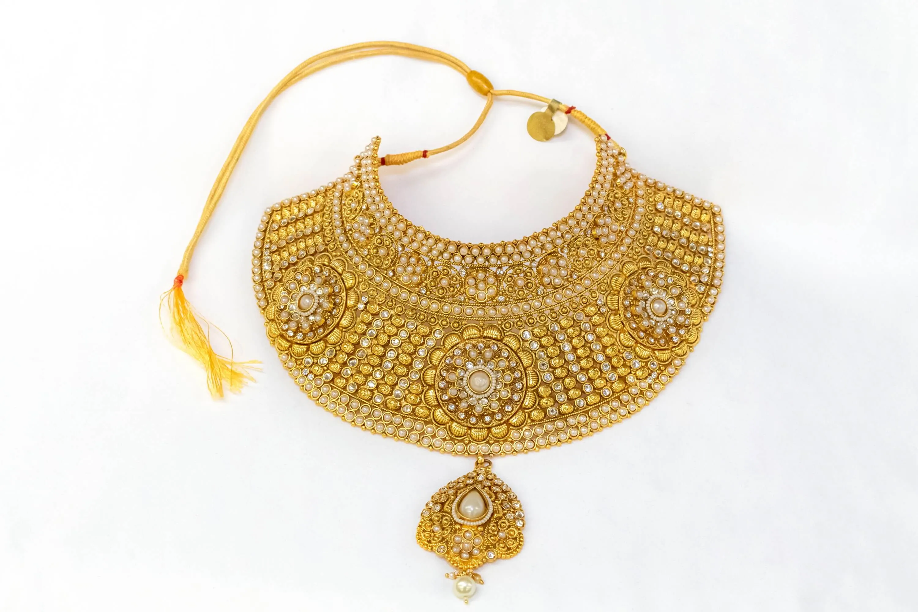 Hand Made Carved Brass Choker- Necklace With Pearls