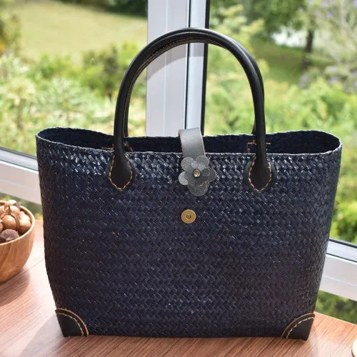 Handwoven Blue Bag with Leather Strap Handles | Yompai NZ