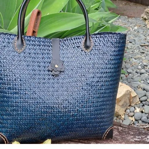 Handwoven Blue Bag with Leather Strap Handles | Yompai NZ