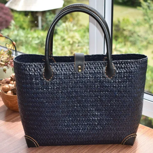 Handwoven Blue Bag with Leather Strap Handles | Yompai NZ