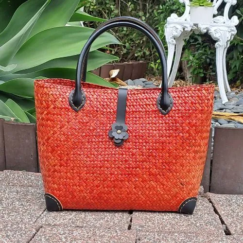 Handwoven Red Bag with Leather Strap Handles | Yompai NZ
