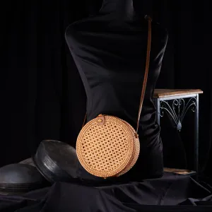 Handwoven Round Rattan Bag Women Beach Straw Woven Crossbody Bag Purse Handbag Shoulder Bag with Leather Strap