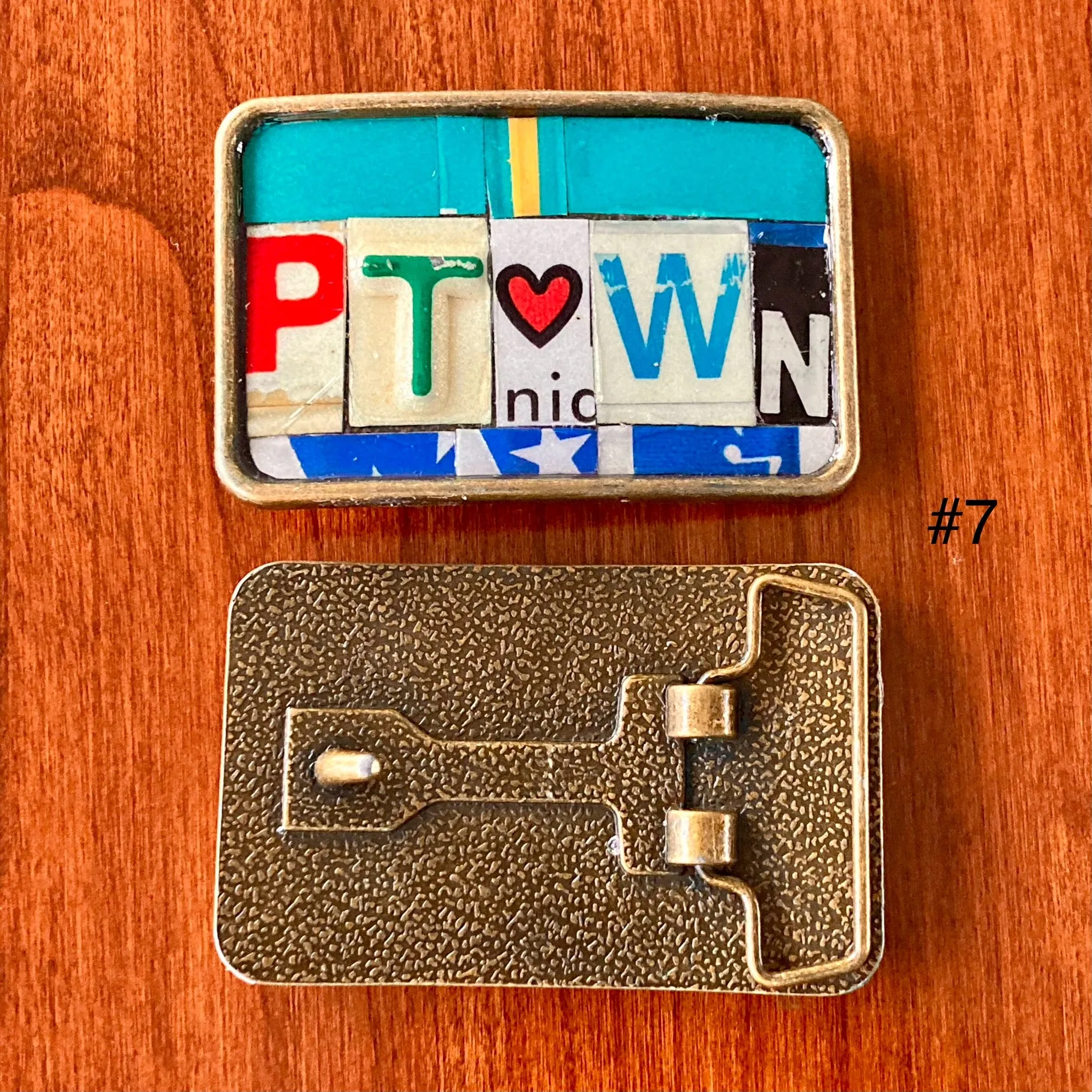 Heart of PTown Upcycled License Plate Belt Buckle