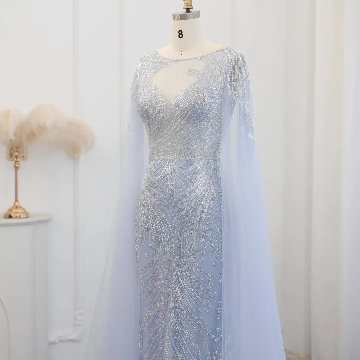 HELEN Luxury Lilac Mermaid Evening Dress with Cape Sleeves